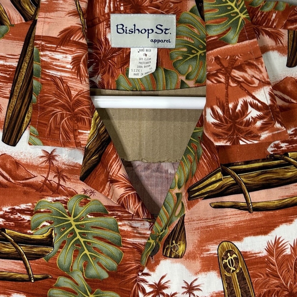 Bishop St‎ Hawaiian Shirt Beach Button Shirt Relax Men XL Orange Palm Kayak VTG